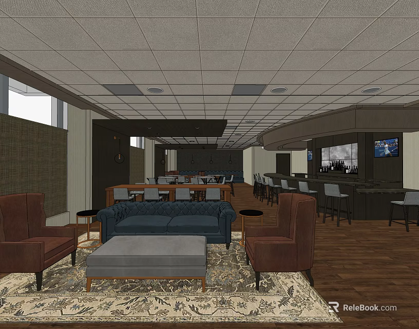 Modern Bar Interior Featuring Comfortable Sofa Armchairs Bar Counter And Wooden Floor 3d model 