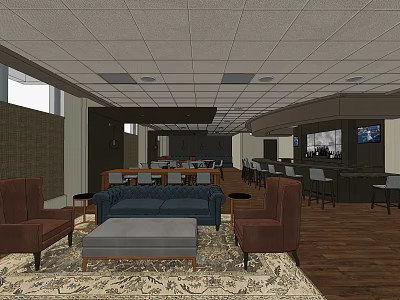 Modern Bar Interior Featuring Comfortable Sofa Armchairs Bar Counter And Wooden Floor 3d model