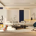 Modern Living Room Interior With Black White TV Wall Blue Yellow Armchairs And Fireplace