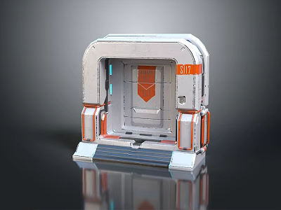 Silver And Orange Sci-Fi Gate With Number 3107 Steps Blue Lights And Modern Structure 3d model