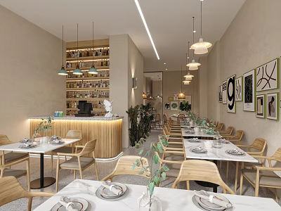 Modern Restaurant Interior With White Tables Wooden Chairs Hanging Lights And Wall Art 3d model