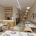 Modern Restaurant Interior With White Tables Wooden Chairs Hanging Lights And Wall Art