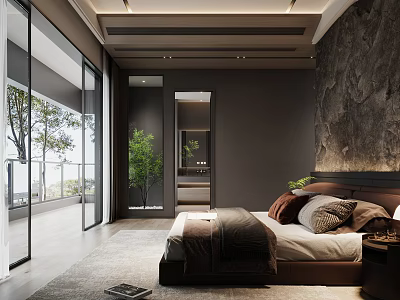 Modern Bedroom Interior With Stone Texture Wall Large Bed Green Plant And Floor To Ceiling Windows 3d model