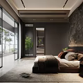 Modern Bedroom Interior With Stone Texture Wall Large Bed Green Plant And Floor To Ceiling Windows