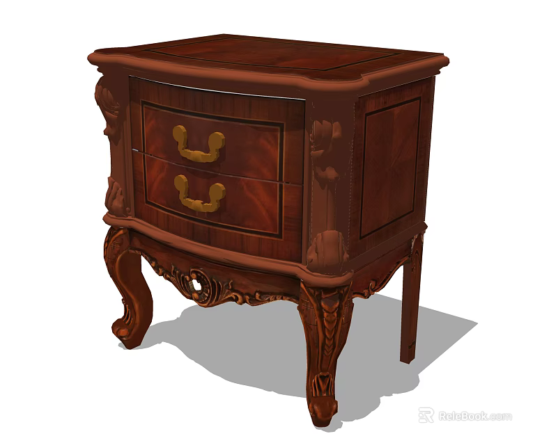 Classic Wooden Bedside Table With Ornate Carvings Two Drawers And Gold Handles 3d model 