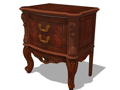 Classic Wooden Bedside Table With Ornate Carvings Two Drawers And Gold Handles 3d model