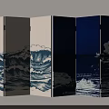 Japanese Style Room Divider Screen With Blue White Wave Pattern For Home Decor 3d model