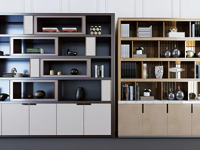Modern Bookcases With Open Shelves Displaying Books Decorative Vases And Sculptures 3d model
