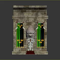 Stone Archway Structure With Green Banners And Silver Knight Statue On Red Pedestal