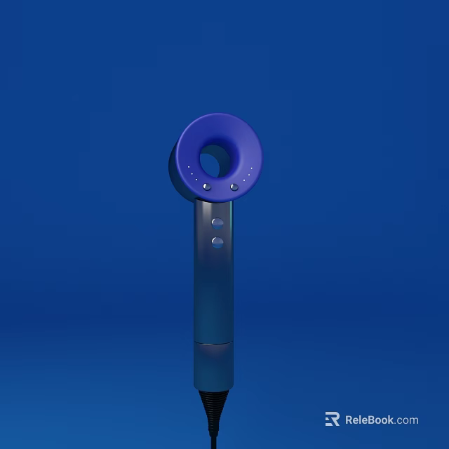 Modern Handheld Hair Dryer with Purple Ring Design and Control Buttons on Blue Background 3d model 