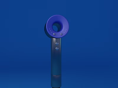 Modern Handheld Hair Dryer with Purple Ring Design and Control Buttons on Blue Background 3d model