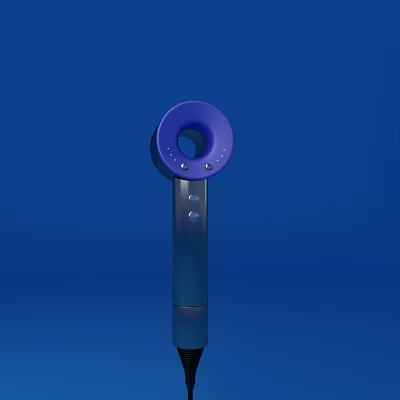 Modern Handheld Hair Dryer with Purple Ring Design and Control Buttons on Blue Background 3d model