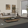 Modern Living Room Sofa And Coffee Table Set With Accent Chair Green Plants And Artwork