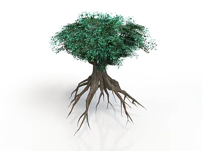 Green Leafy Tree With Exposed Brown Roots And Unique Natural Shape 3d model