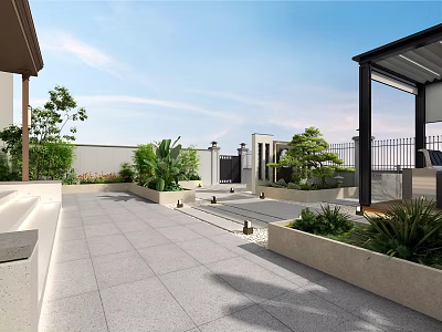 Modern Courtyard Garden Design With Paved Floor Green Plants And Canopy Seating Area 3d model