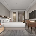 Modern Hotel Room Interior Design With Bathroom Marble Counter Large Mirror And Bed