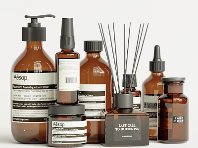 Daily Cleansing Essentials With Brown Glass Bottles Black Pump Dispensers Reed Diffusers And Branded Labels 3d model