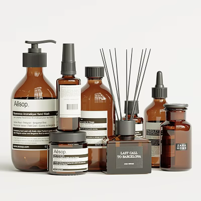 Daily Cleansing Essentials With Brown Glass Bottles Black Pump Dispensers Reed Diffusers And Branded Labels 3d model