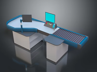Modern Self Checkout Equipment With Dual Monitors Conveyor Belt Countertop And Keyboard 3d model