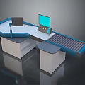 Modern Self Checkout Equipment With Dual Monitors Conveyor Belt Countertop And Keyboard