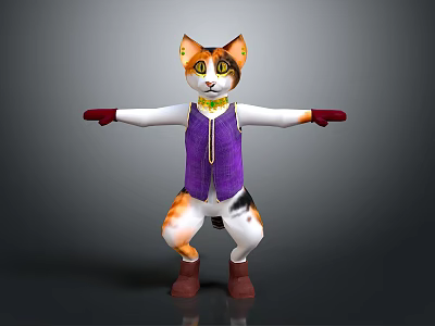 Animated Game Movie Cat Character With Colorful Fur Purple Vest Red Gloves And Brown Boots 3d model