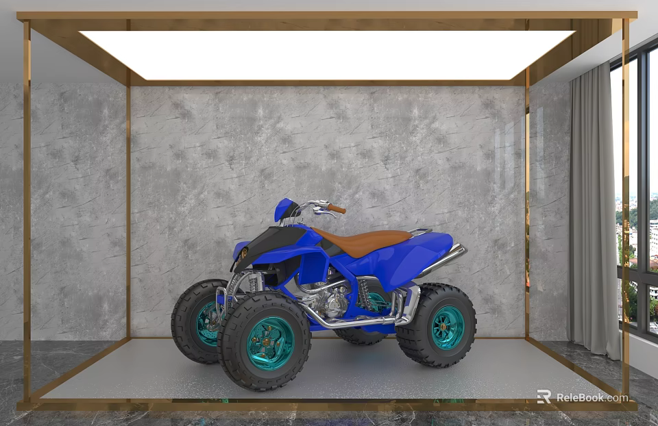 Blue ATV Motorcycle With Green Wheels And Brown Seat In Modern Display Room 3d model 
