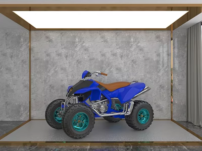 Blue ATV Motorcycle With Green Wheels And Brown Seat In Modern Display Room 3d model