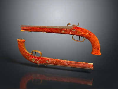 Vintage Red Ornate Pistol With Carved Patterns And Classic Design Elements 3d model