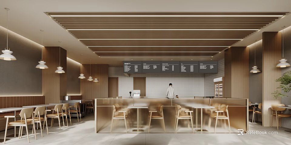 Modern Wooden Ceiling Restaurant Interior With Pendant Lights Counter Dining Tables And Chairs 3d model 
