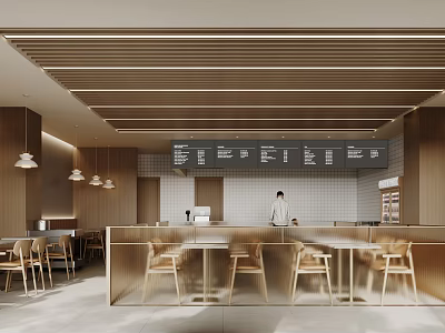 Modern Wooden Ceiling Restaurant Interior With Pendant Lights Counter Dining Tables And Chairs 3d model