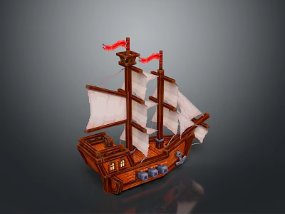 Wooden Sailing Ship Water Transport With Two Masts White Sails And Red Flags 3d model