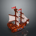 Wooden Sailing Ship Water Transport With Two Masts White Sails And Red Flags