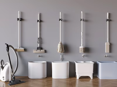 Wall Mounted Bathroom Cleaning Accessories With Mops Buckets And Vacuum 3d model