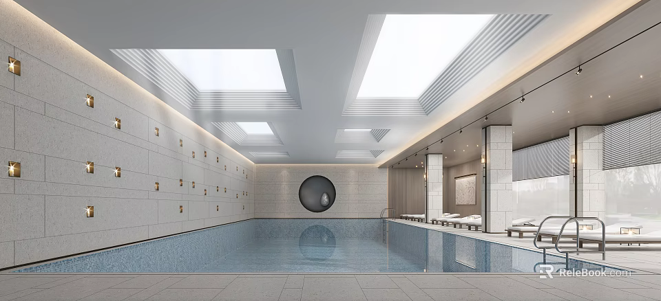 Modern Indoor Swimming Pool With Skylights Stone Walls And Loungers 3d model 