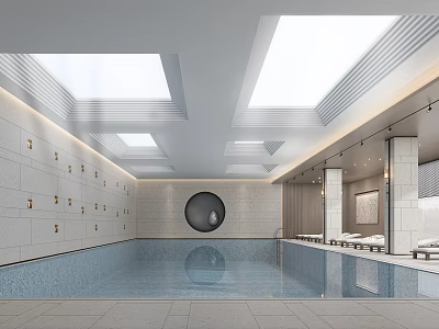 Modern Indoor Swimming Pool With Skylights Stone Walls And Loungers 3d model