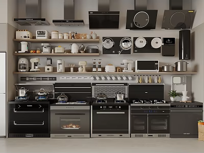 Various Modern Kitchen Appliances Including Stoves Ovens Microwaves And Storage Cabinets 3d model