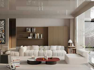 Modern Living Room Interior Design With White Sofa Coffee Tables Bookshelf And Large Windows 3d model