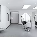 Modern Beauty Hair Salon Interior With White Circular Wall Decor Staircase And Plant