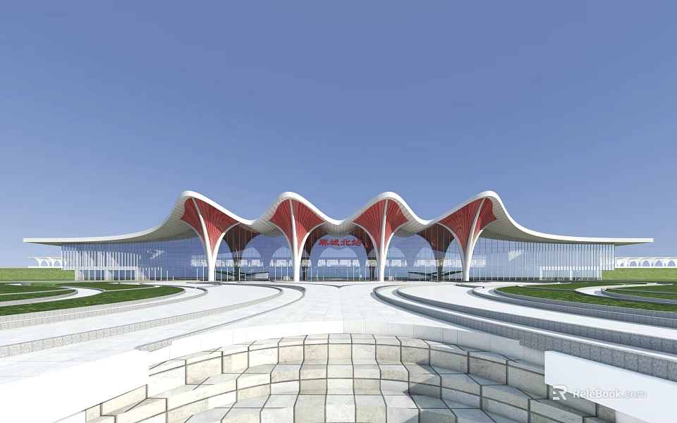Modern Railway Station Exterior With Red And White Wavy Roof And Plaza Steps 3d model 