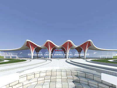Modern Railway Station Exterior With Red And White Wavy Roof And Plaza Steps 3d model