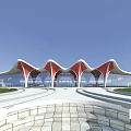 Modern Railway Station Exterior With Red And White Wavy Roof And Plaza Steps
