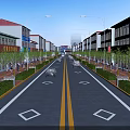 Municipal Road With Marked Lanes Street Lamps Green Belts And Buildings On Both Sides