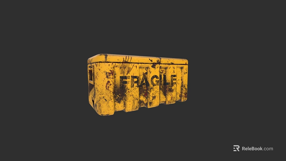 Yellow Industrial Equipment Storage Container With Fragile Label And Worn Exterior 3d model 