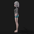 Woman with silver hair in gray jacket white top blue shorts barefoot on black background