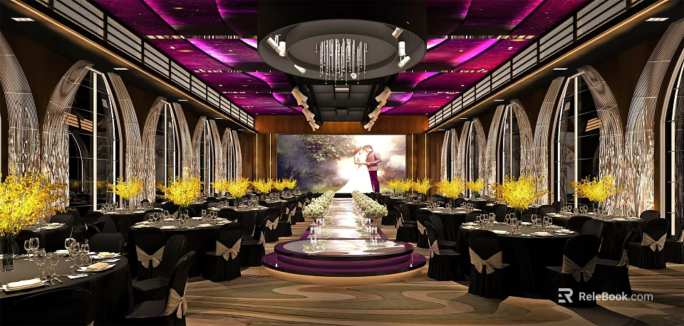 Elegant Luxury Ballroom Interior With Chandelier Purple Lighting And Dining Tables 3d model 