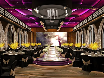 Elegant Luxury Ballroom Interior With Chandelier Purple Lighting And Dining Tables 3d model