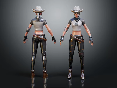 Female Cowboy Character 3D Model Showing Front Back View White Top Black Pants 3d model