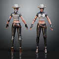 Female Cowboy Character 3D Model Showing Front Back View White Top Black Pants
