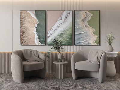 Leisure Sofa Set with Two Single Armchairs Small Round Table and Ocean Wave Decorative Paintings 3d model