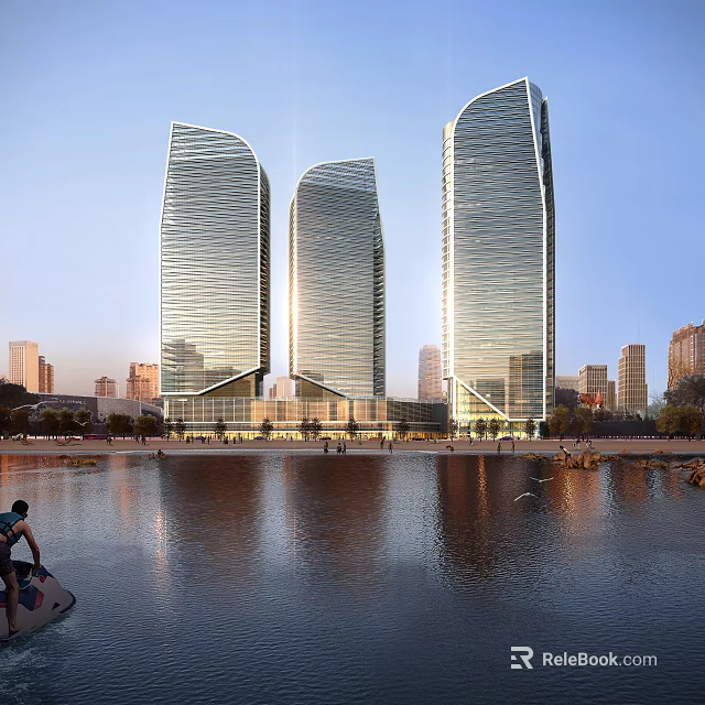 Modern Glassy Office Buildings By Waterfront With Sunset Light And Urban Landscape 3d model 